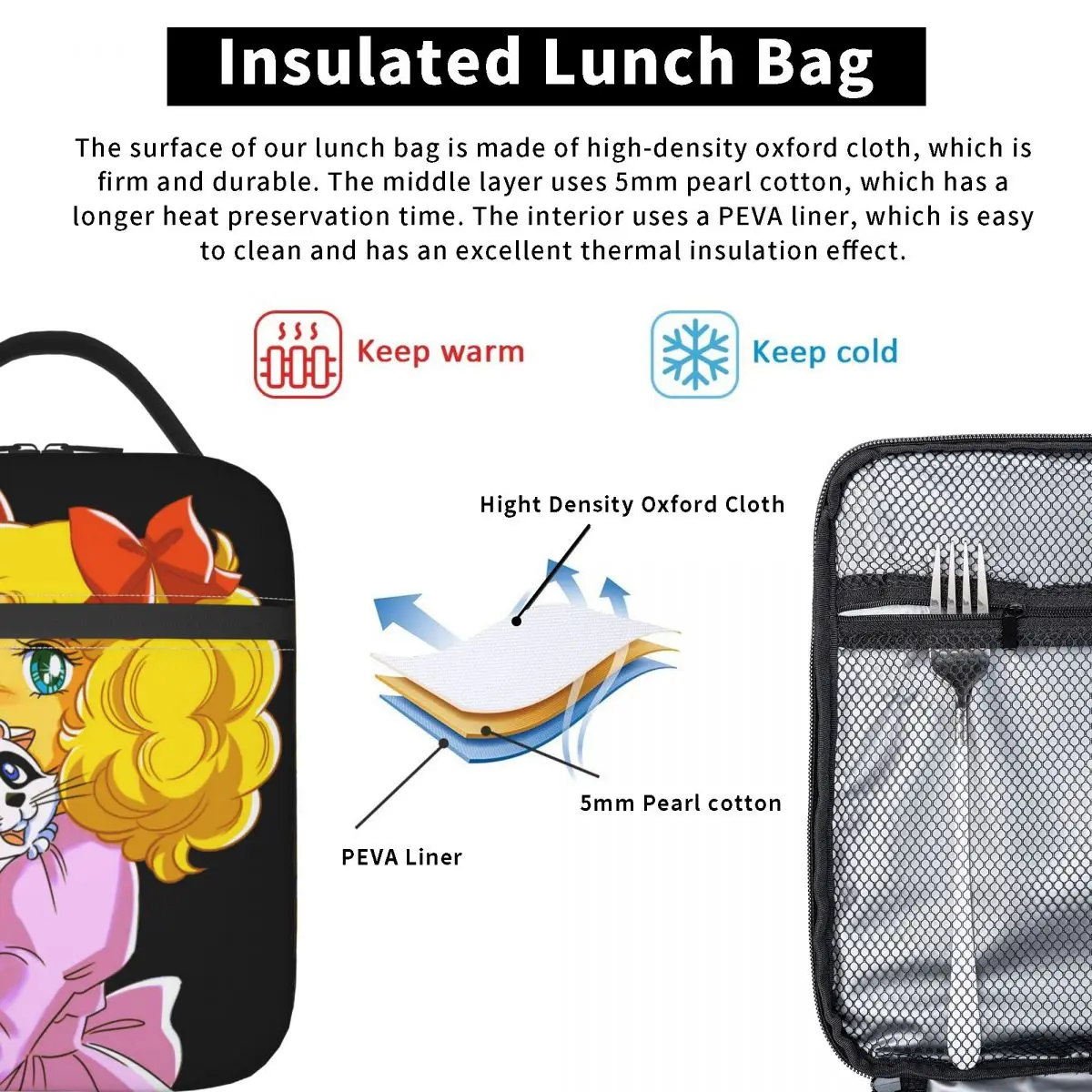 Candy Candy Anime Cartoon Portable Lunch Boxes Multifunction Thermal Cooler Food Insulated Lunch Bag School Children Student