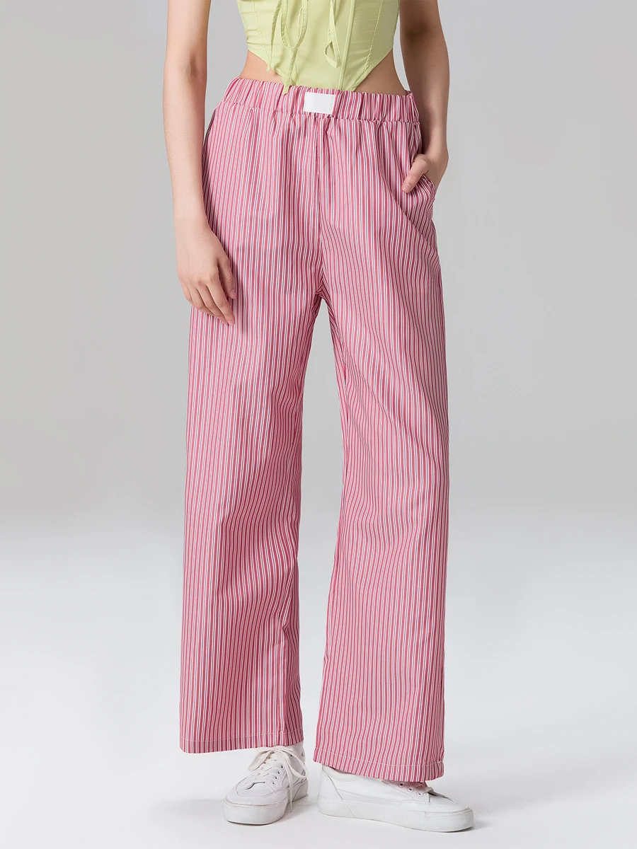 

New Women'S Casual Wide Leg Pants Elastic Waist Stripes Printed Casual Stripes Straight Leg Pants Outdoor Pants