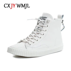 CXJYWMJL-Zapatillas de plataforma de cuero genuino para mujer, zapatos blancos pequeños informales de primavera, zapatos planos vulcanizados de banda alta