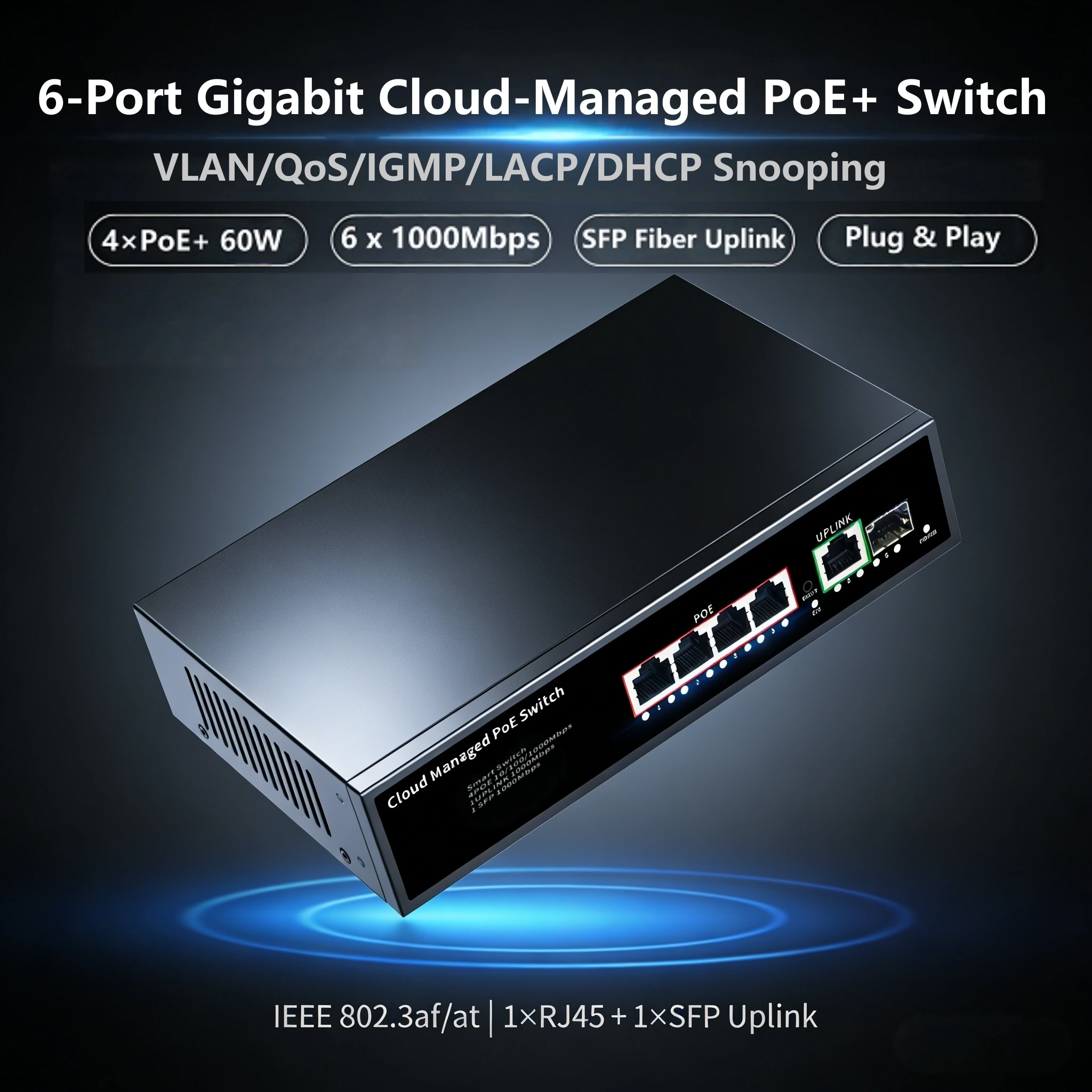 

6-портовый гигабитный PoE-коммутатор с веб-управлением, 4 порта PoE и 1 порт RJ45, 1 порт SFP+, поддержка VLAN/QoS/IGMP/LAG