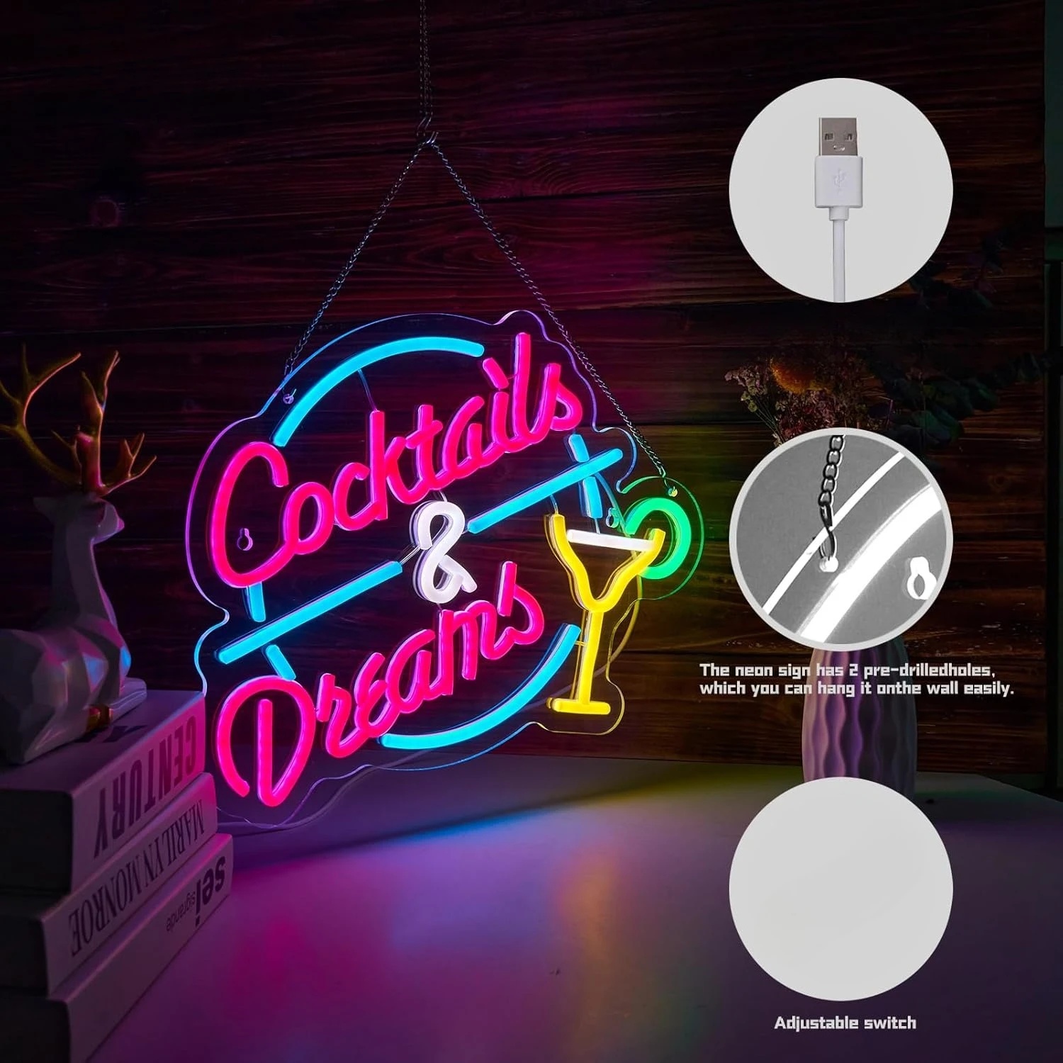 Cocktails and Dreams Neon Sign USB Beer LED Light for Garage Tiki Bar Gaming Room Bedroom Decoration Neon personnalisé Gift view 3