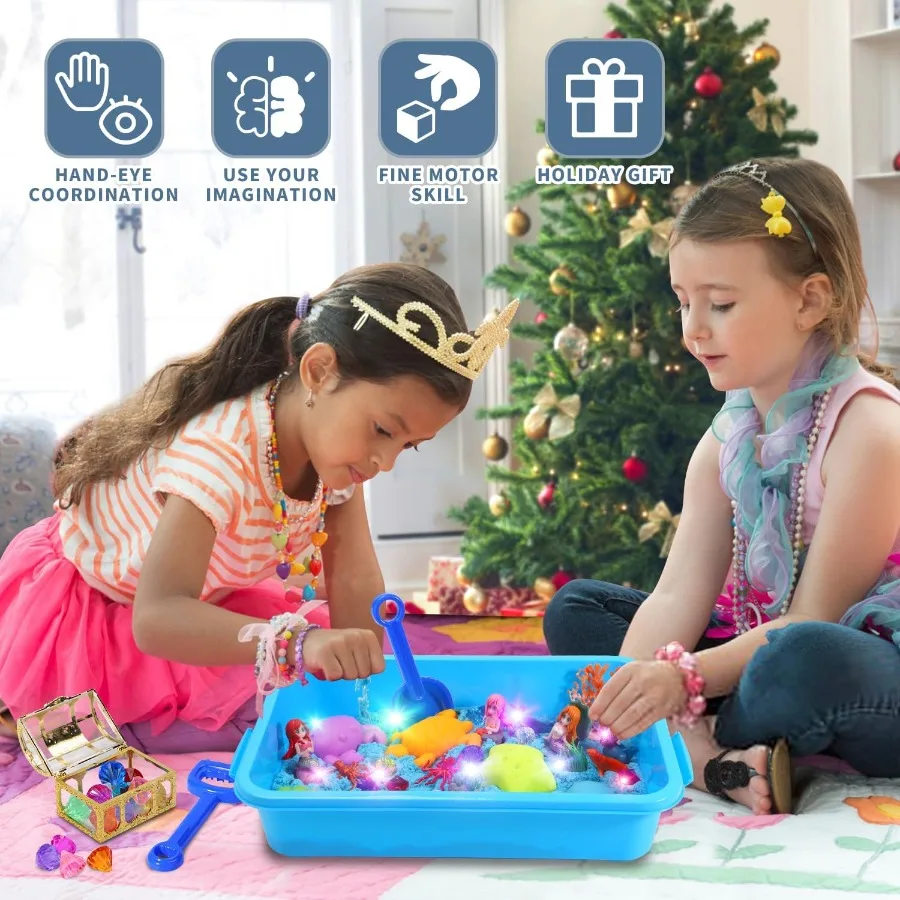 Contenedor sensorial de sirena para niña, Kit de arte de arena mágica con luz LED, arena sensorial de 2,2 libras, caja de arena de animales marinos y océanos con tapa, sirena