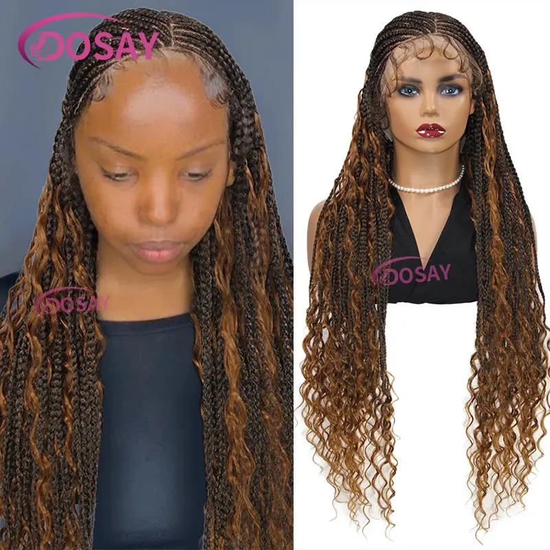 Synthetische Full Lace Front geflochtene Perücken lockiges Haar für schwarze Frauen Göttin Flechten Perücke böhmische knotenlose Boho Box Braids Perücke