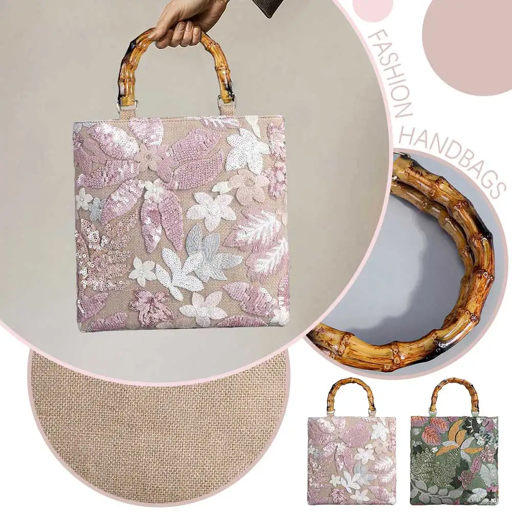 

Floral Embroidery Sequin Tote Bag Bamboo Handle Summer Beach Bag Vintage Bohemian Handbag for Women Work Shopping Travel