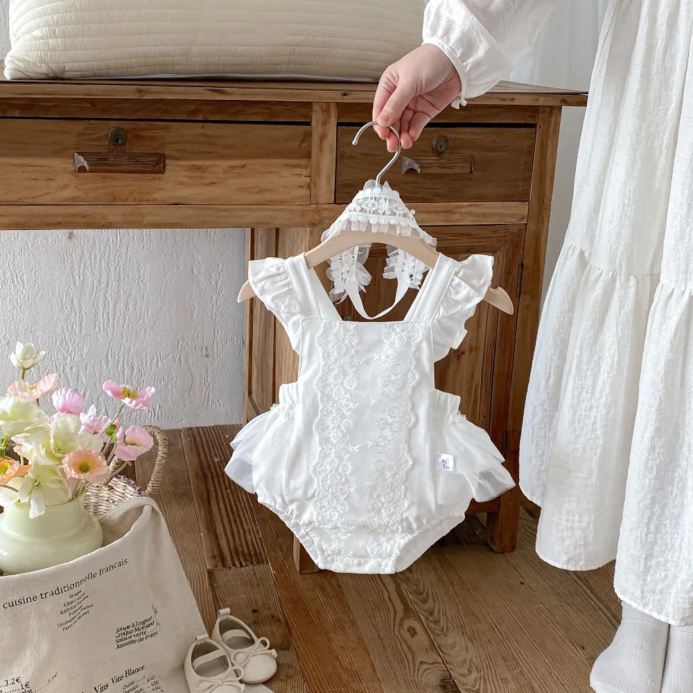Cute Newborn Baby Girl Romper 0-2Years Princess Infant Sleeveless Backless Solid White Lace Bodysuit Headwear Summer Clothes