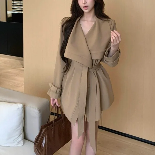

New Stylish and Elegant Ruffled Collar Long-sleeve Trench Coat for Women, Autumn Vintage Khaki Loose Top
