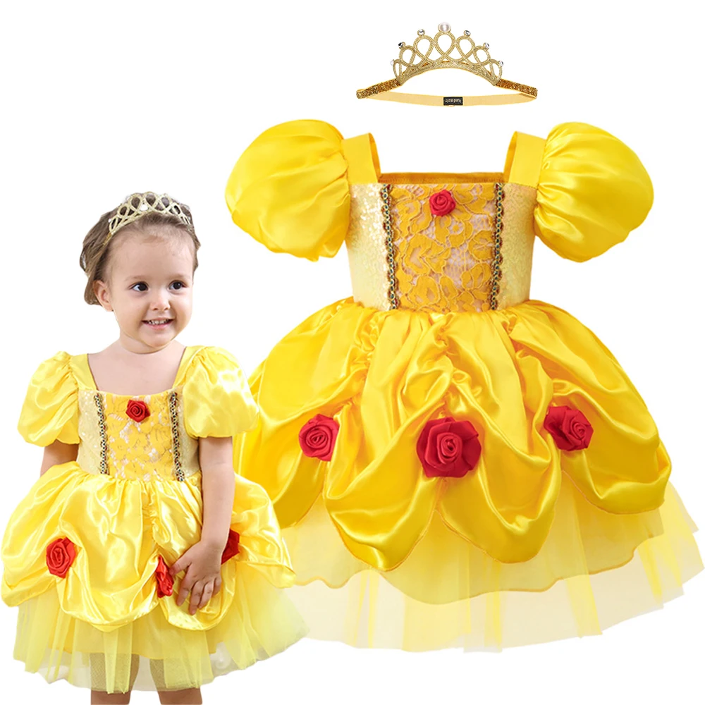 

6M-3Y Baby Girl Princess Costume Summer Mesh Tutu Dress Yellow Lace Applique Infant Clothing 3D Flower Belle Toddler Prom Dress