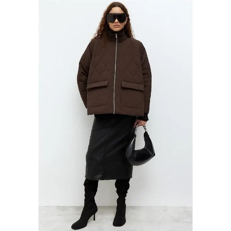 

Thin Cotton Stand Collar Jaet with Zipper Flip Cover Patch ket Large Silhouette Quilted oulder Bag for Women