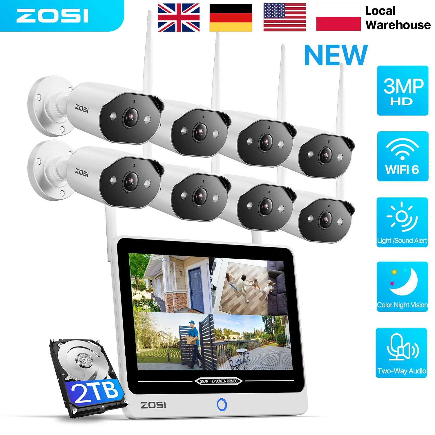ZOSI 8CH 2K Wi-Fi 6 Sistema di telecamere di sicurezza Monitor LCD da 12 pollici Telecamere di sorveglianza WiFi plug-in da 3 MP per interni ed esterni per la sicurezza domestica