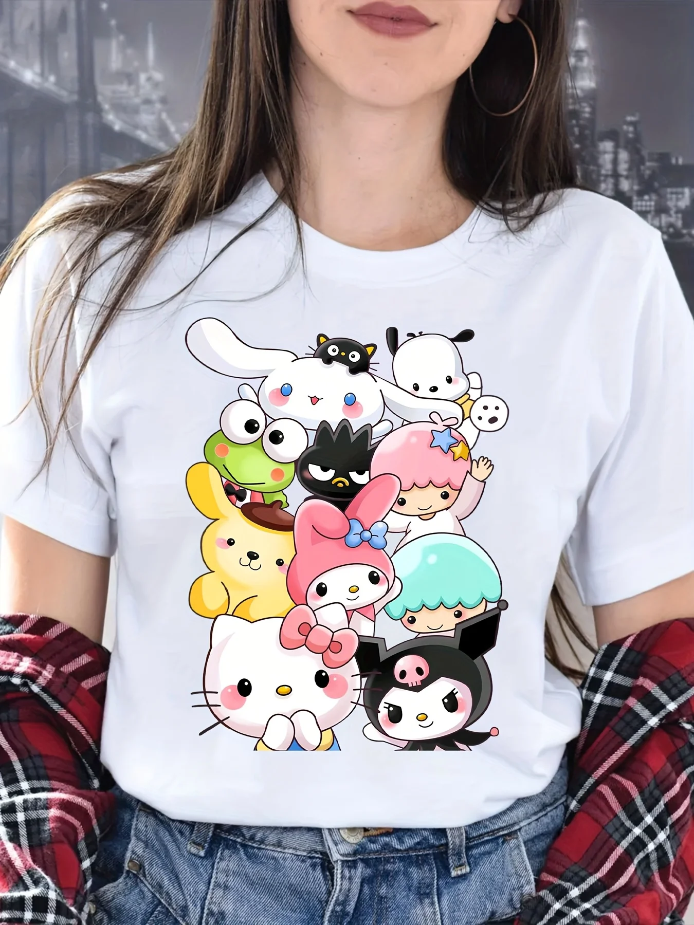 مرحبا كيتي الخريف قصيرة الأكمام المرأة تي شيرت 100% القطن الكرتون لطيف جولة الرقبة نصف كم فضفاض عارضة قصيرة الأكمام أعلى