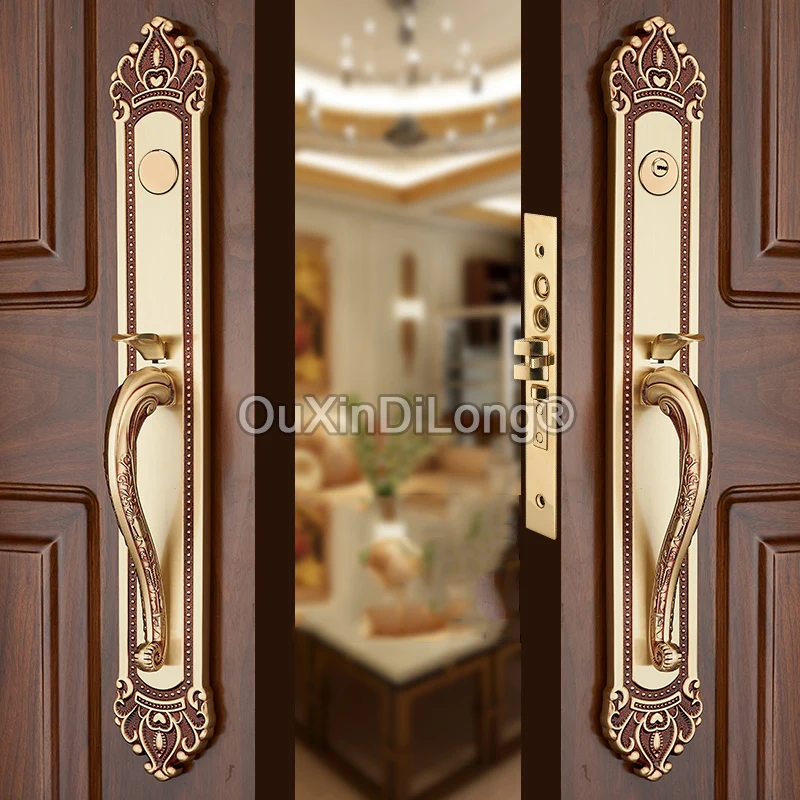 

1Set Luxury American Villa Brass Door Lock Entry Door Handle Real and Dummy Gate Door Locks Double-Open Folio Door Lock GF1058