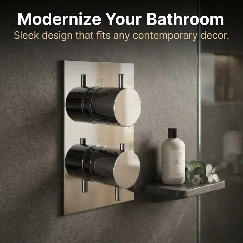 Chrome Thermostatic Shower Valve Concealed Wall Mounted Mixing Faucet with Diverter Rectangular Plate Dual Control for