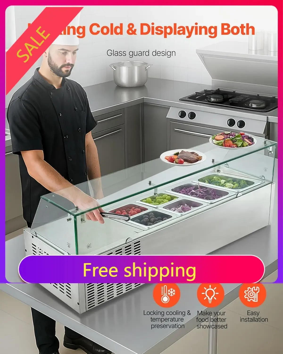 Refrigerated Condiment Prep Station, 130 W Countertop Refrigerated Condiment Station, with Two 1/3 Pans & Four 1/6 Pans, 304 Sta