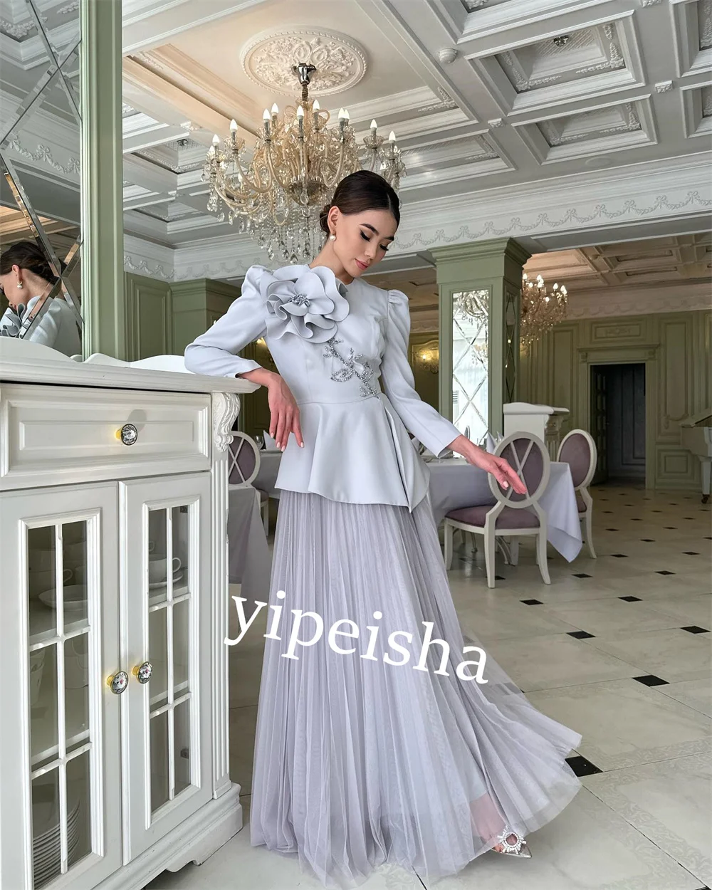 Customized Jersey Draped Beading Flower Formal Evening A-line O-Neck Bespoke Occasion Gown Long Dresses