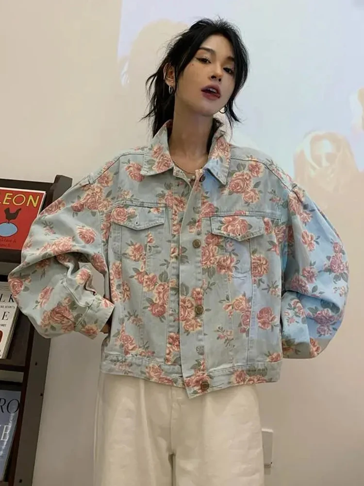 Jmprs Vintage Rose Floral Denim Jackets Women Korean Loose Elegant Short Coat Sweet Long Sleeve Casual Lady Retro Harajuku Tops