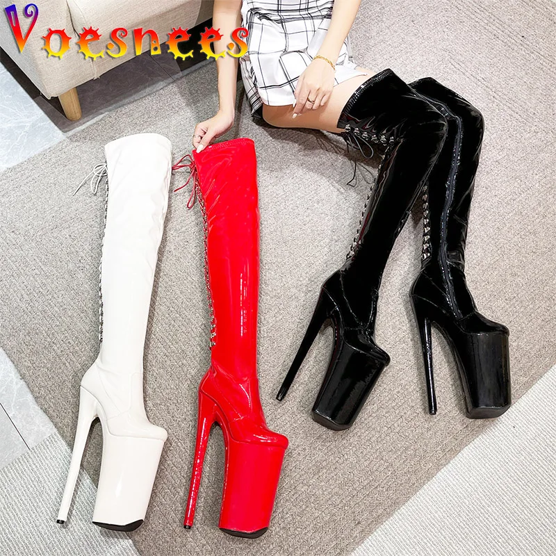 Fashion Platform Women Pole Dancing Long Boots Stripper Round Toe Lace-up High Heels Pumps New Patent Leather Thick Bottom Shoes