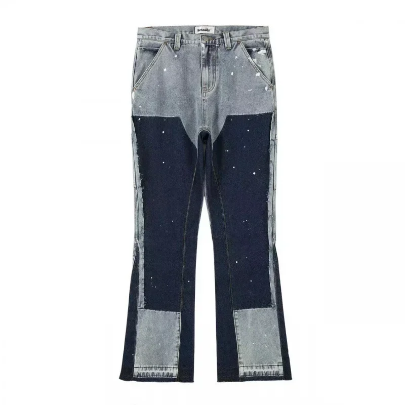 European and American high street washed distressed splicing logging jeans men's Y2K retro trendy splash-printed wide-leg pants