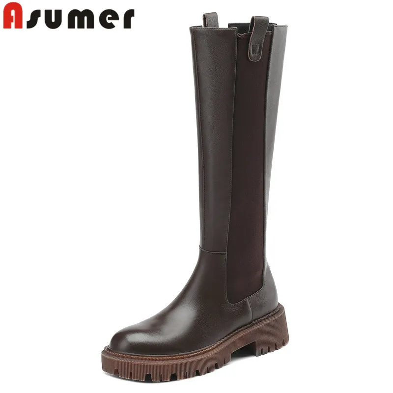 

ASUMER 2024 New Vintage Genuine Leather Platform Women's Boots Square Med Heels Winter Boots Female Zipper Knee High Boots