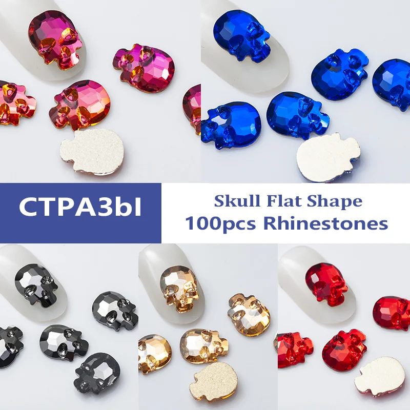 

100pcs Colorful Nail Art Rhinestones 6x8mm 8x10mm Strass Skull Flat Shape Manicure Glass Diamond 3D Nail Accessories Decoration