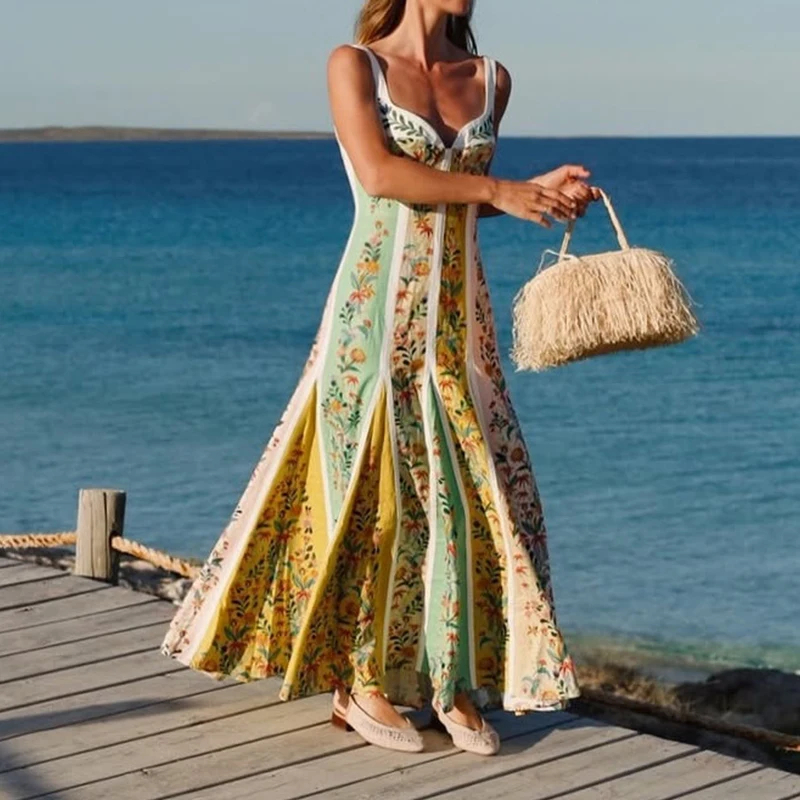 Sexy Halter sin mangas fuera del hombro Vestidos vestido de verano elegante señora Floral impreso Vintage batas Casual ahueca hacia fuera el vestido Bohe