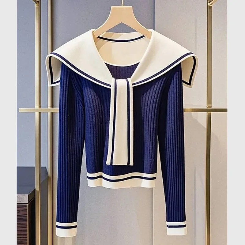 

Женский темно-синий вязаный свитер с матросским воротником и длинными рукавами, облегающий повседневный топ, универсальный облегающий свитер, пальто на осень 2025 г.