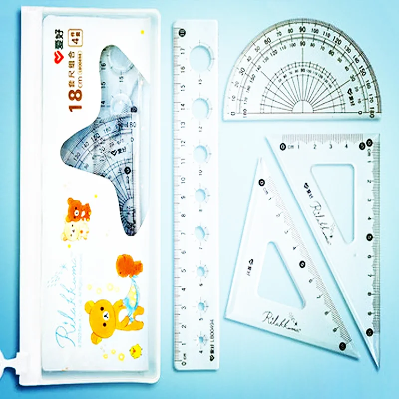 4Pcs/Set AIHAO LB00494 Rilakkuma Ruler Set Plastic Geometry Maths Square Drawing Compass Stationery Angle Rulers For School