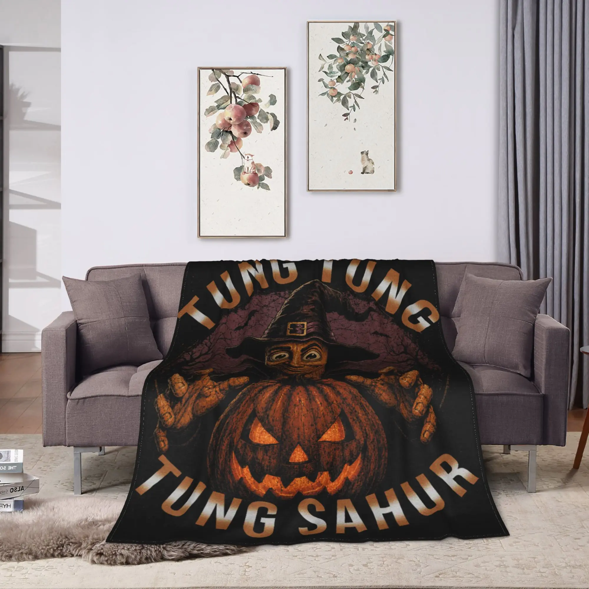 Tung Tung Sahur Halloween Pumpkin Scary Vintage Costume Blanket Boy Girl Flannel Bedding Throws For Couch Bed Quality Bedspread