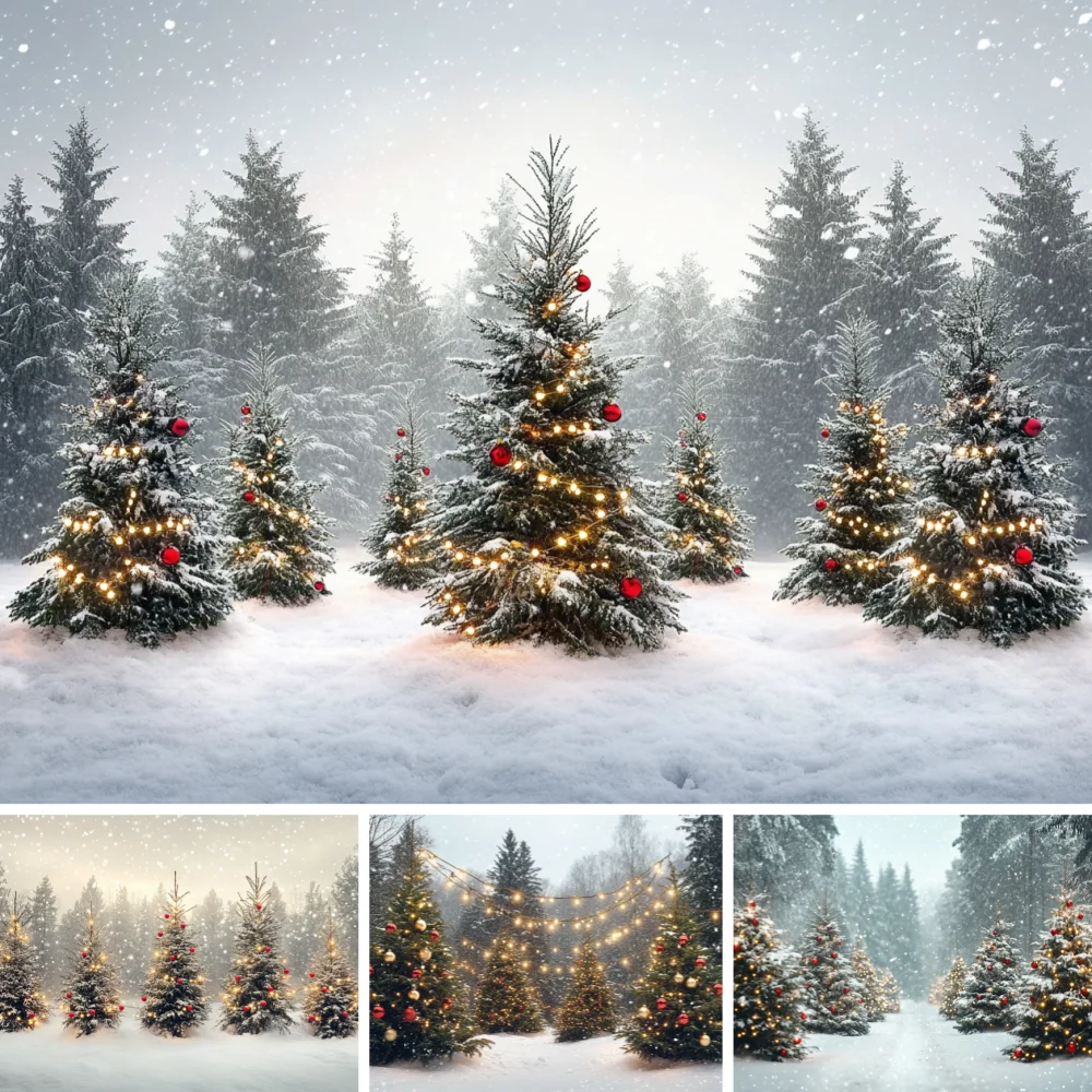 Winter Night View Christmas Tree Outdoor Snow Photography Background Family Portrait Holiday Birthday Party Photo Banner