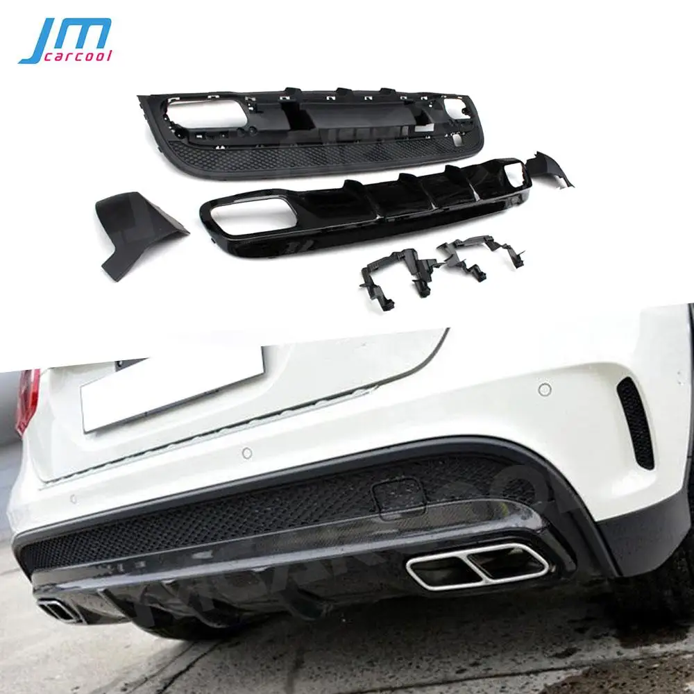 For Benz GLA Class X156 GLA45 Sport 2014-2017 Rear Diffuser Lip Spoiler Trims with 4-outlet Exhaust Tips ABS Bumper Protector