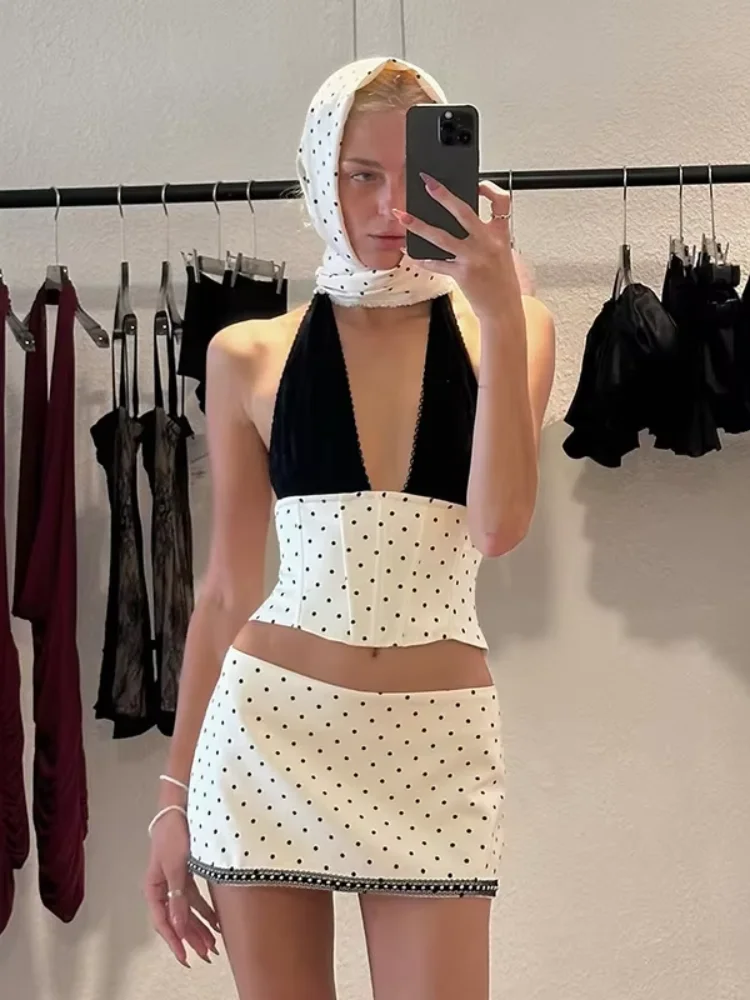 Sexy Polka Dot Mini Skirt Set Women V-neck Sleeveless Off-shoulder Halter Top Low-rise Skirts Sets 2026 New Vacation Outwear