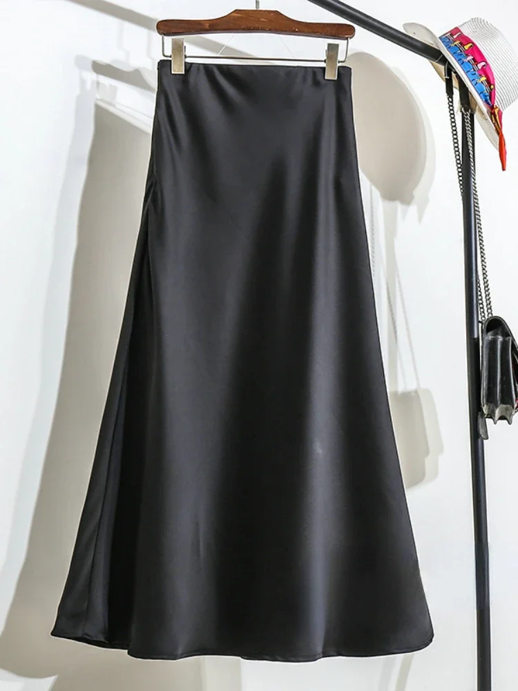 Women's Satin Long Skirt Office Lady Elastic Waist A-Line Skirt in Solid Champagne Purple Red Silk New Fashion 2025