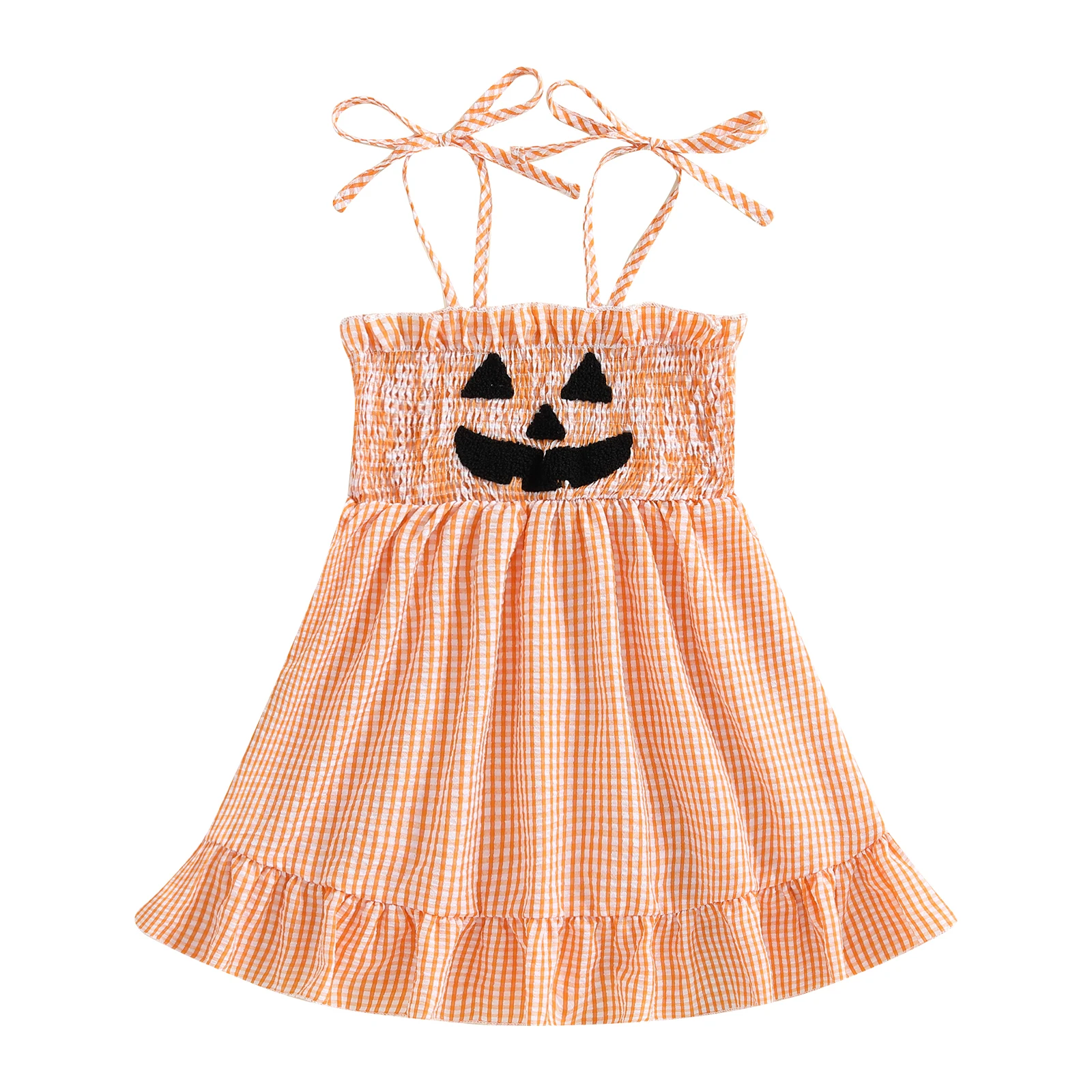 

Платье для маленьких девочек на Хэллоуин с вышивкой тыквы и завязками без рукавов, милое платье трапециевидной формы для детей