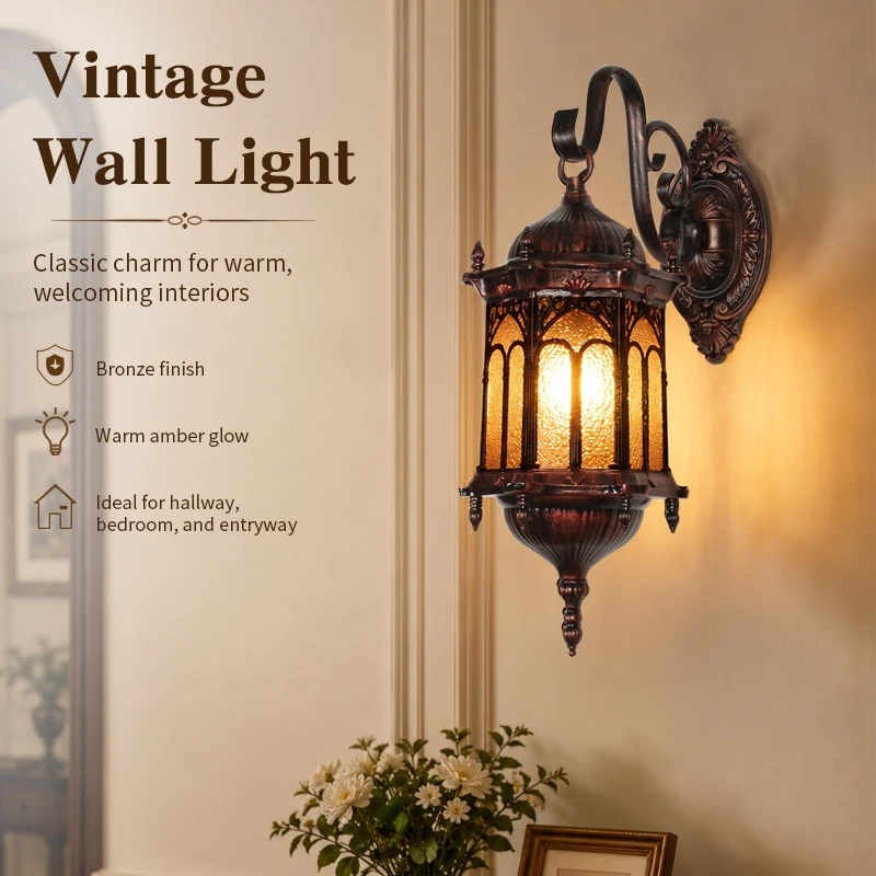 Vintage Wall Light Retro Lantern Sconce Amber Acrylic Shade Bronze Finish Indoor Hallway Bedroom Living Room Outdoor Porch Patio