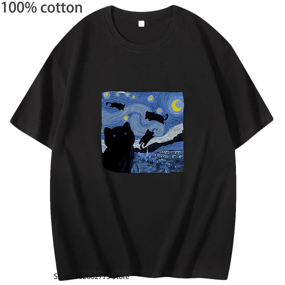 The Starry Cat Night Printing Tshirt for Men 100% Cotton Summer Tops Fashion Soft T-Shirts Women's Casual Y2k Tee Unisex Clothes