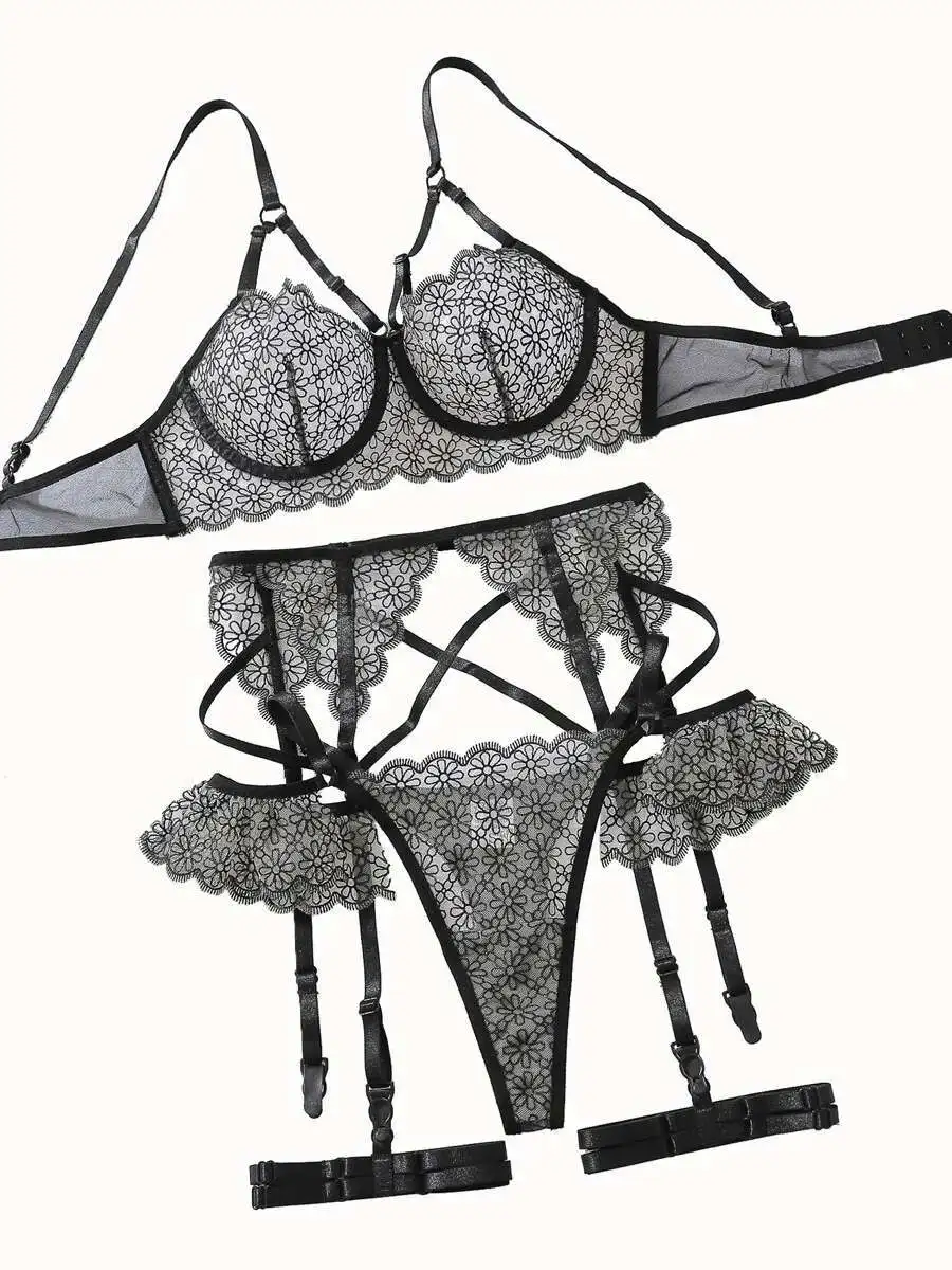 Nouveau dentelle ensemble érotique sexy mode creux à travers les sous-vêtements quatre pièces ensemble bikinis maillot de bain femmes bikini taille haute 28T0