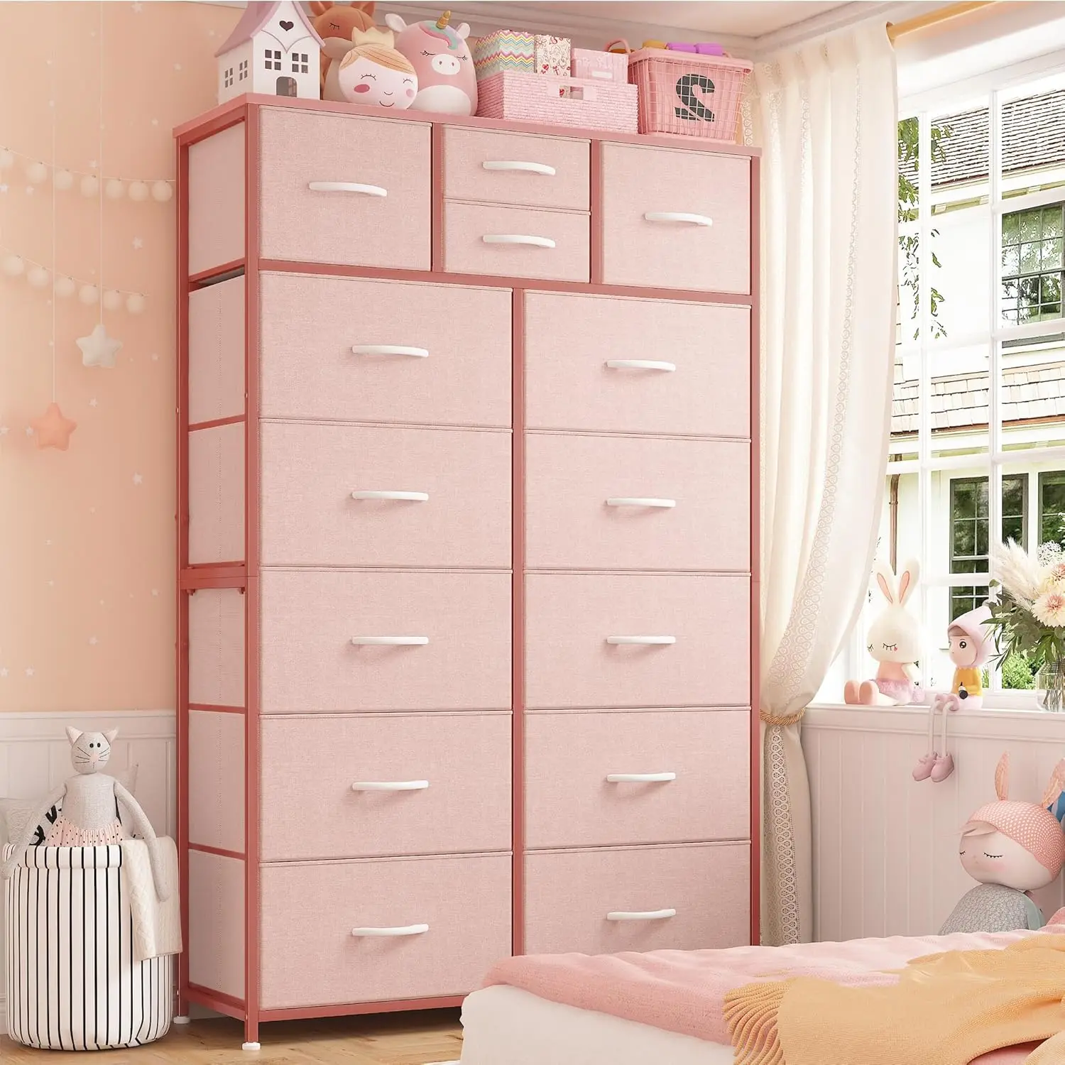 Tocador rosa para dormitorio, mueble con 14 cajones, parte superior de madera
