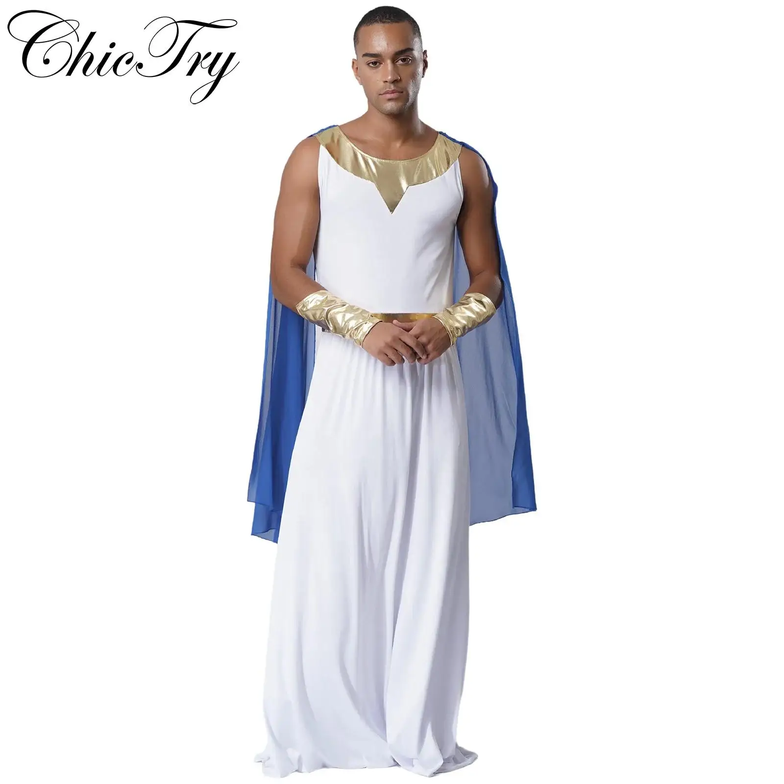 

Men Toga Halloween Greek God Roman Carnival Cosplay Robe Costume Sleeveless Round Neck Shoulder Drapes Dress with Metallic Cuffs
