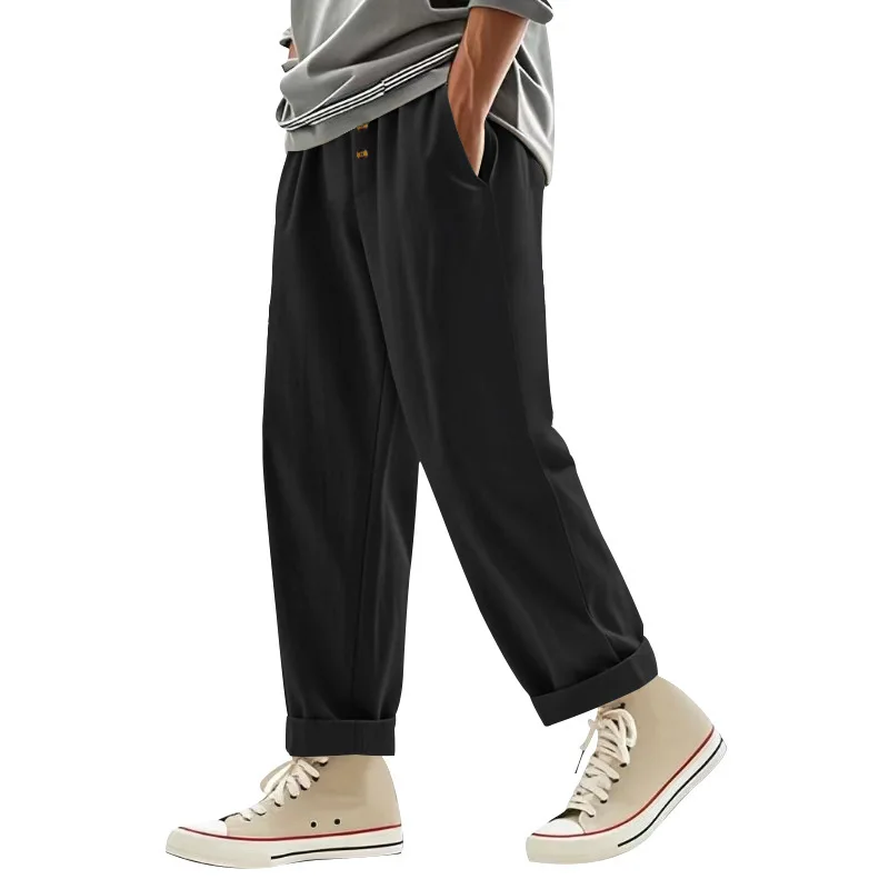 Herren Boho Leinenmischung Weite Hose mit Hoher Taille, Kordelzug, Knopfleiste, Lockerer Passform und Seitentaschen – Detail 20