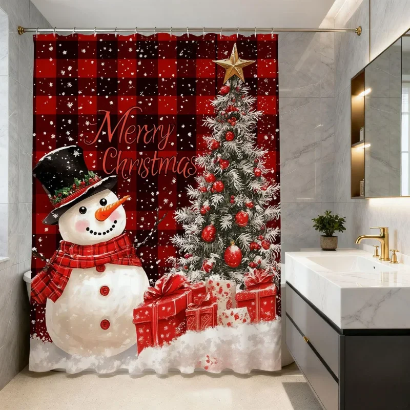 Christmas Shower Curtain Snowman Gingerbread Man Santa Xmas Tree Reindeer Waterproof Bath Curtain Holiday Decor w Hook