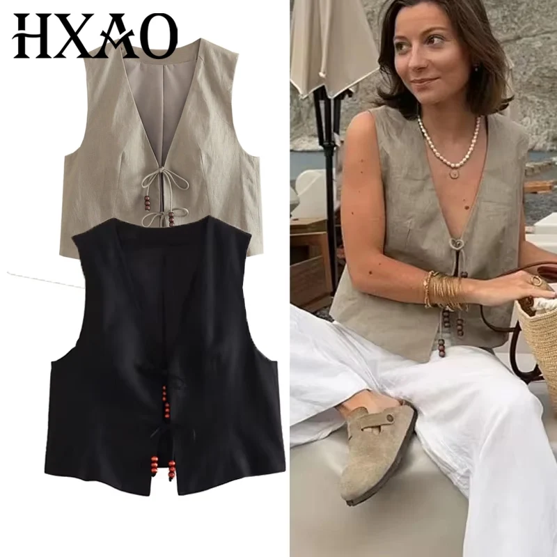 

HXAO женский жилет 2024, жилет с бисером, укороченный жилет без рукавов, женский летний стильный льняной черный жилет, топ, повседневные короткие пальто