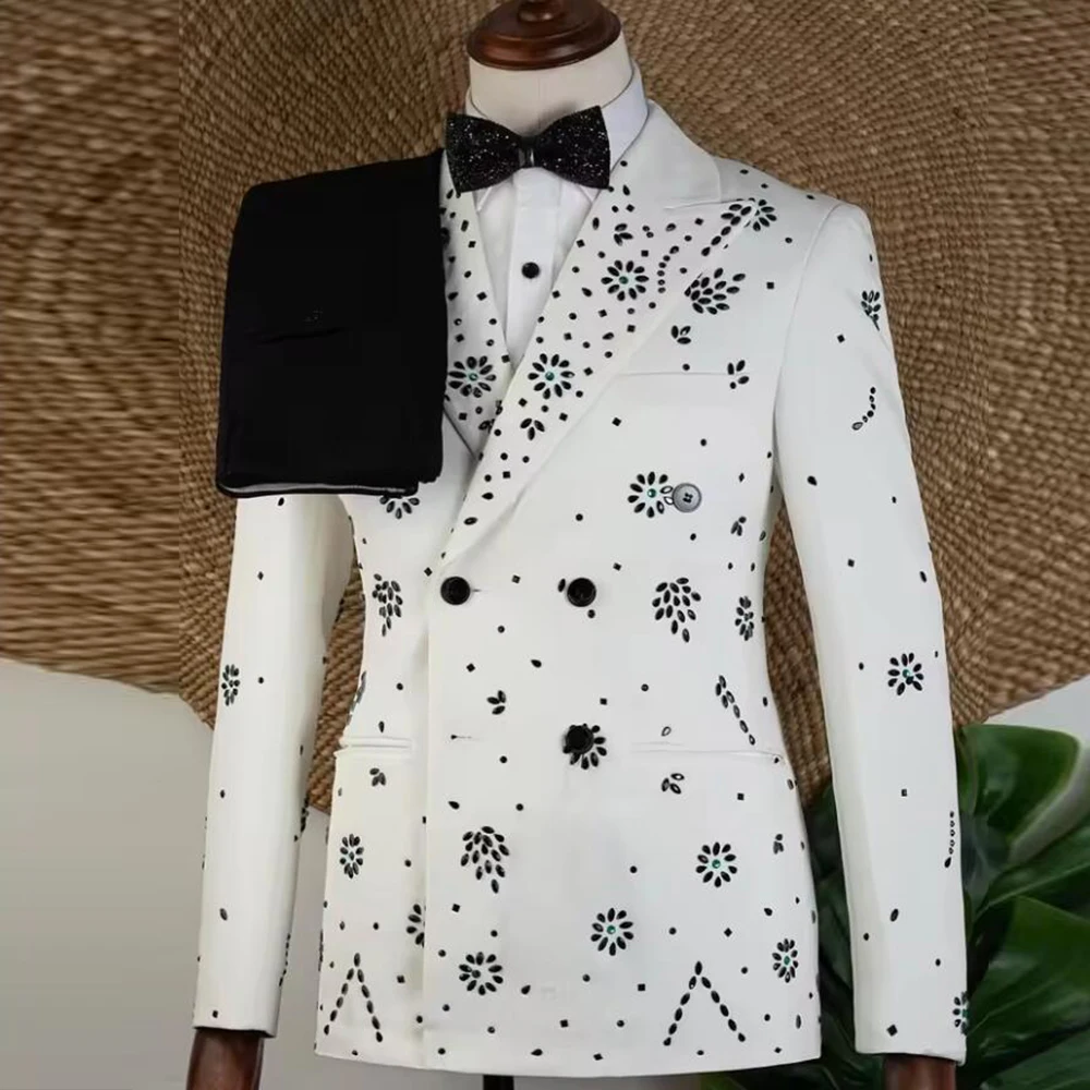 

Exclusive Beaded Stones Suits Men Slim Fit Double Breasted Jacket Trousers 2 Piece Set Groom Wedding Tuxedos Outfits Blazers