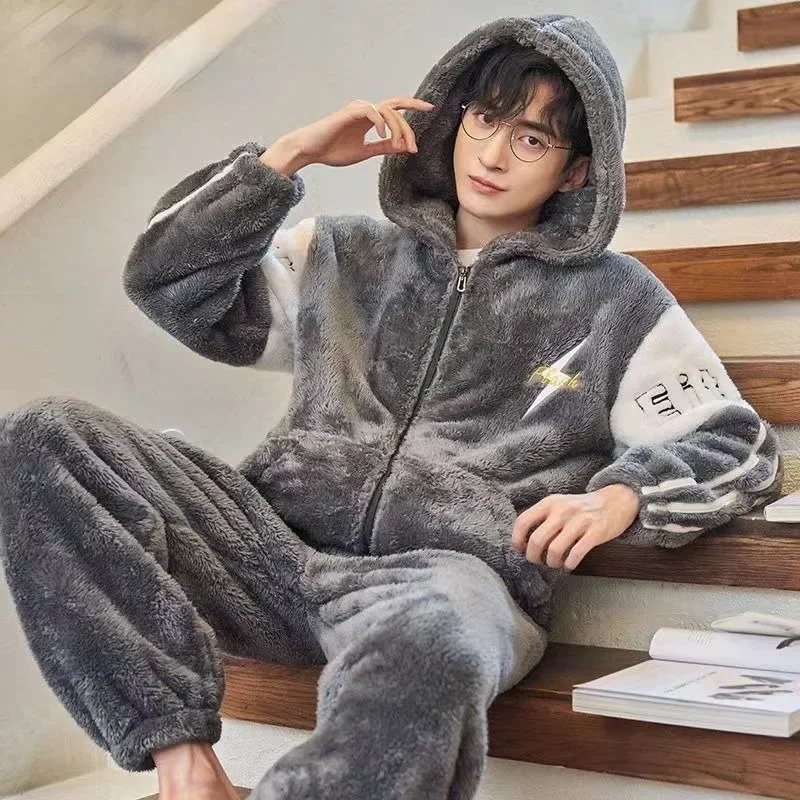 Autumn Winter Men Pajamas Coral Velvet Padded Male Hooded Loungewear Thickened Warm Flannel Cotton-padded Jacket Homewear Suit