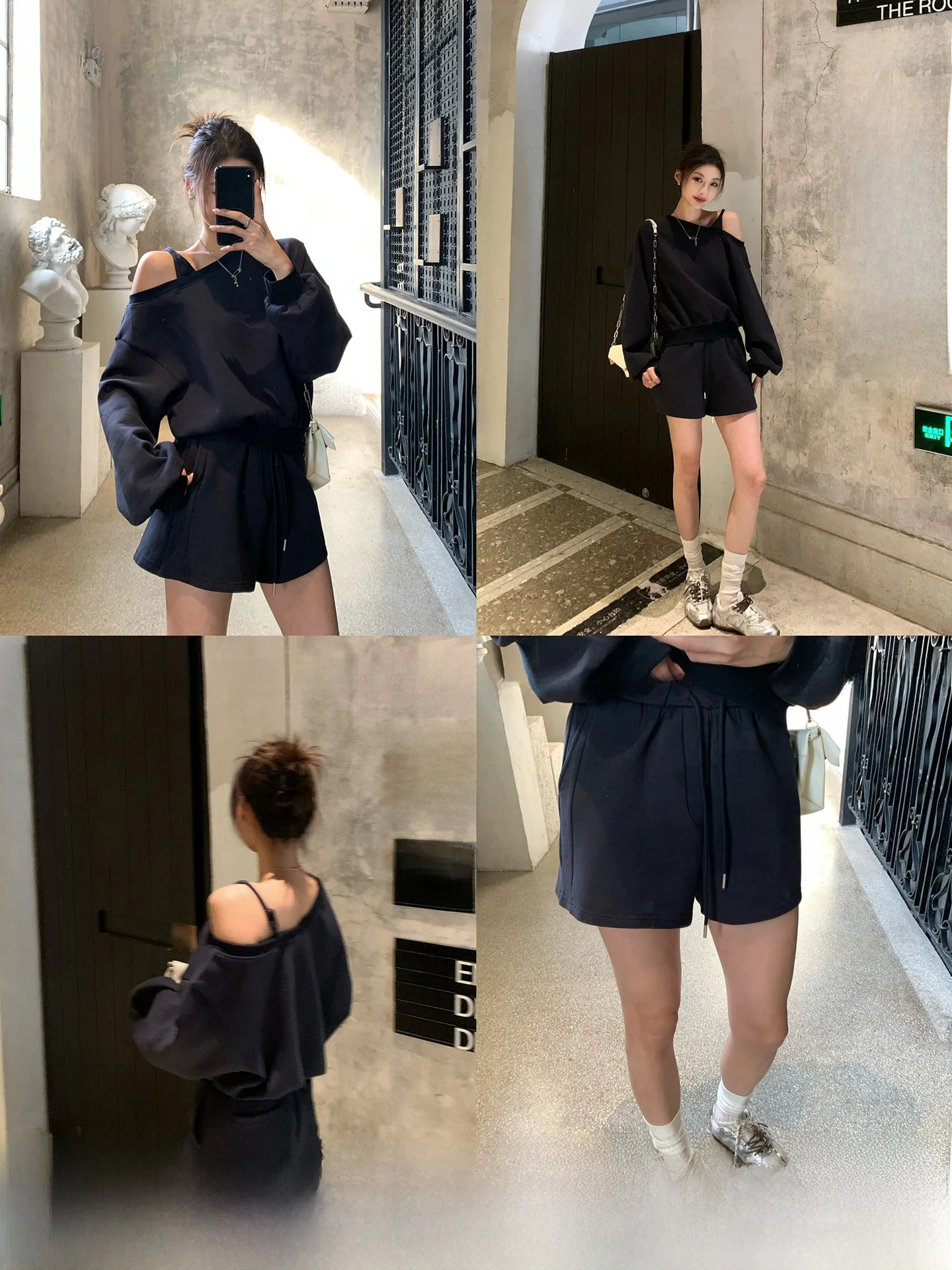 

GV Big Brother American Kendall Off-Shoulder Hoodie Top And Shorts Set Women's Fashionable Versatile Spring Outfit Long Sleeve