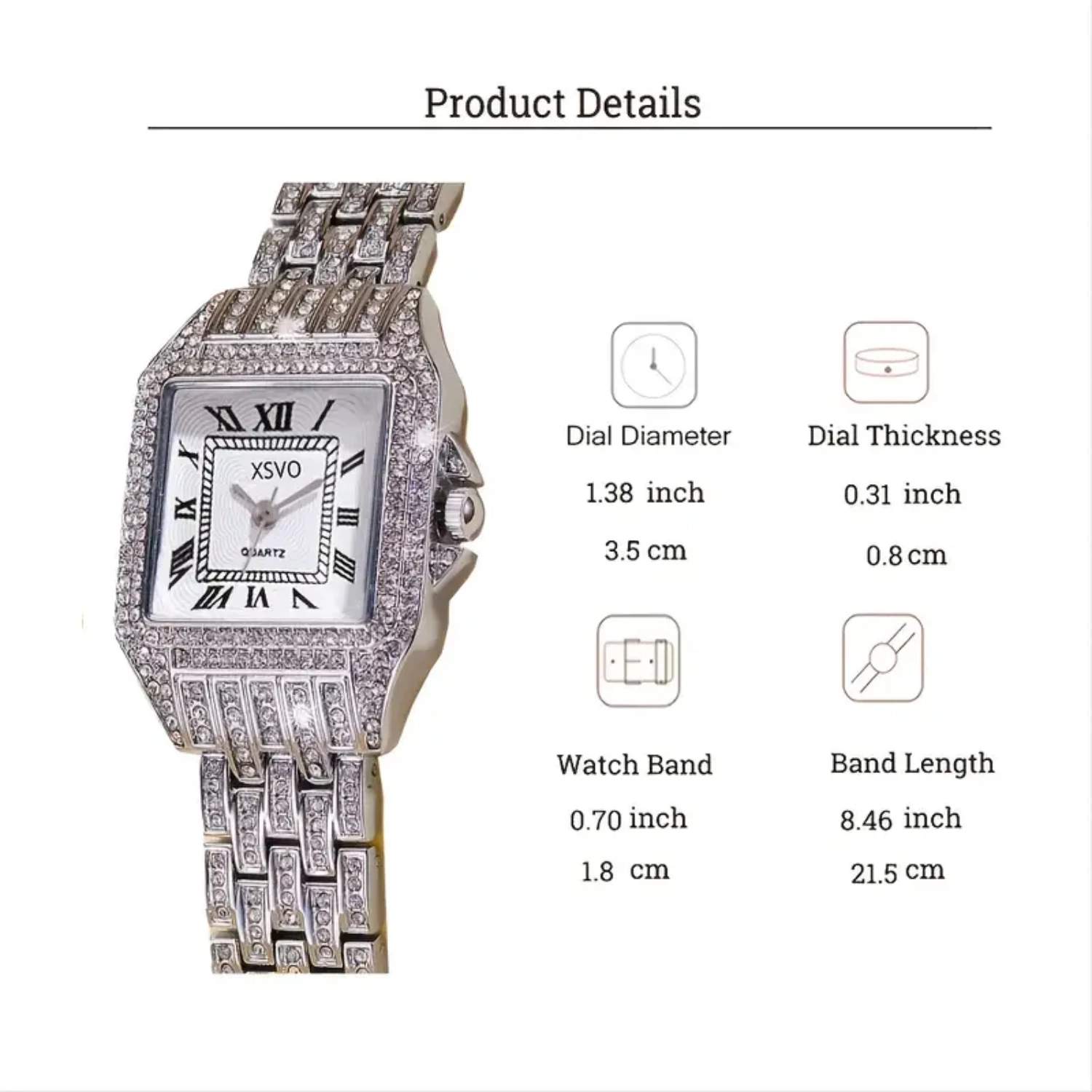 ساعة كوارتز بحزام فولاذي مربع كبير الحجم ولوحة حجر الراين #4