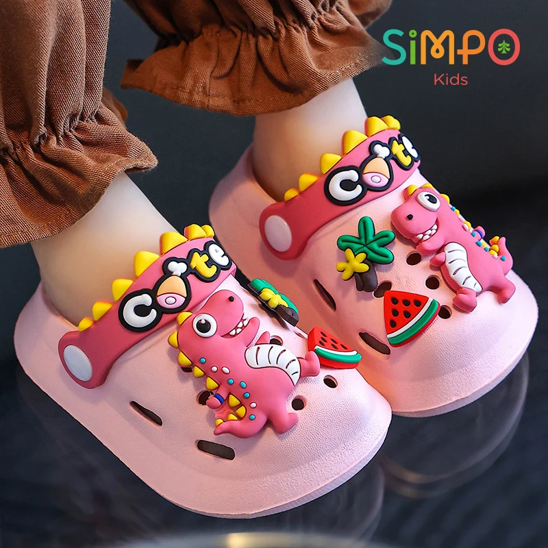 Cute Pink Dino Clogs For Girl &Boy Lightwieight Soft and Elastic Kids‘s Sandals Colorful Children's Slippers Summer Outdoor Wear