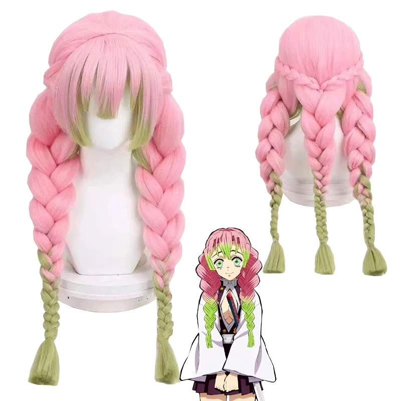 

30-Inch Anime Mitsuri Kanroji Cosplay Synthetic Wig With Bangs, Pink And Green Heat-Resistant Three-Strand Braid Hair + Wig Cap