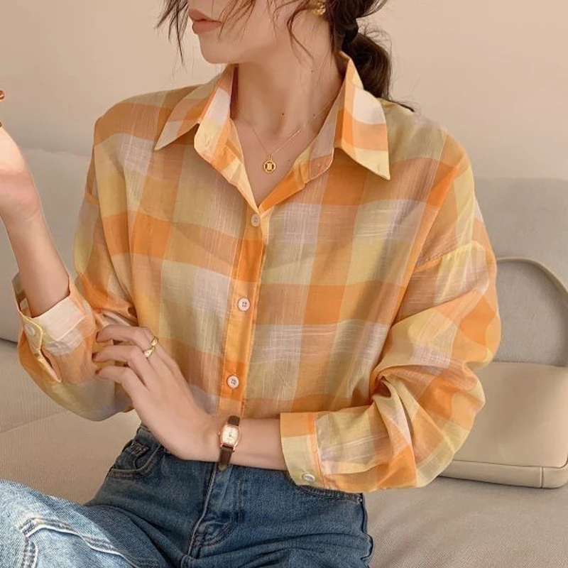 Women Korean Fashion Vintage Plaid Print Shirt Lapel Simple Casual All Match Blouse Long Sleeve Loose Tunic Tops Female Clothing