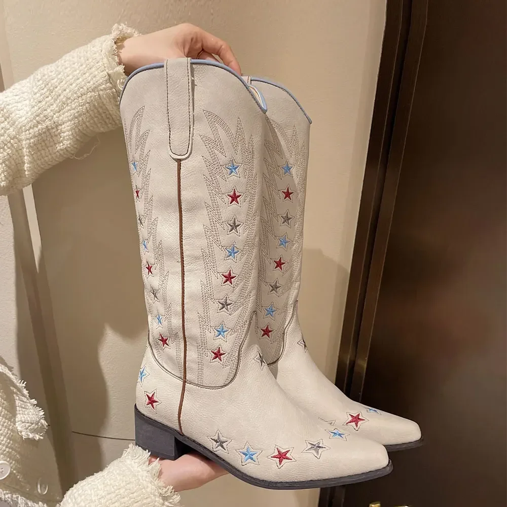 New Vintage Stars Embroidery Cowboy Boots Beige Pointed Toe Square Heels Cowgirl Music Festival Mid-calf Boots Size 35-42