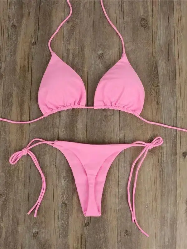 Kobiety seksowne stringi Bikini Set boczne wiązanie na szyi stroje kąpielowe damski pasek z rozcięciem regulowany bandaż styl brazylijski kostium