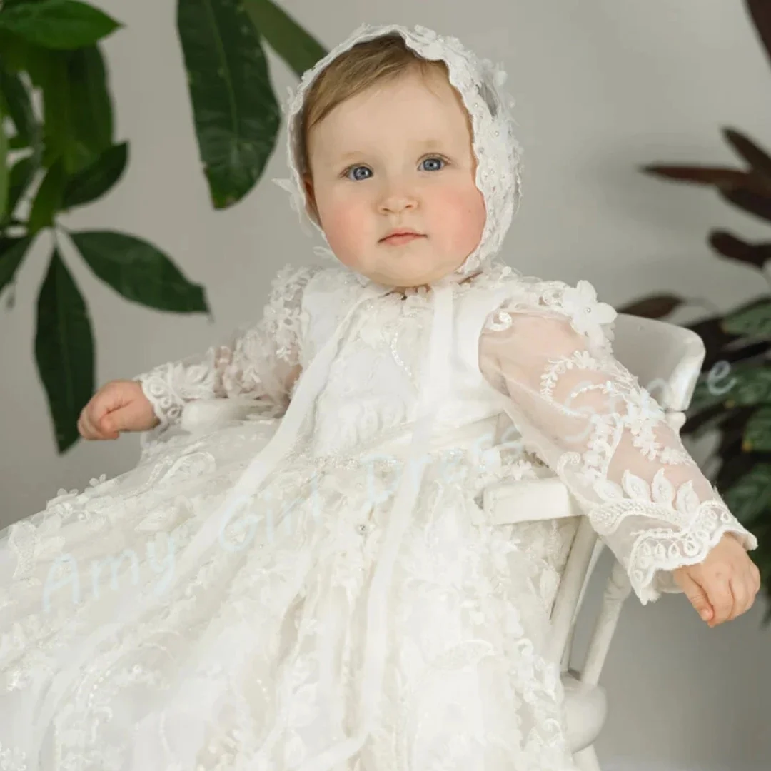 Elegant Baby Baptism Gowns Ivory Appliques Full Sleeves Flower Girl Dress Quality Gorgeous Birthday First Communion Customized